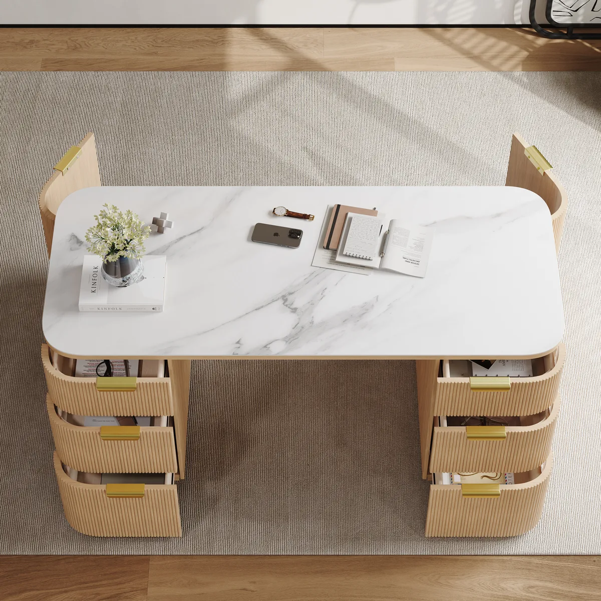 Walnut Ash Wood & Sintered Stone Rectangle Desk with 6 Drawers (63.8") — image 5
