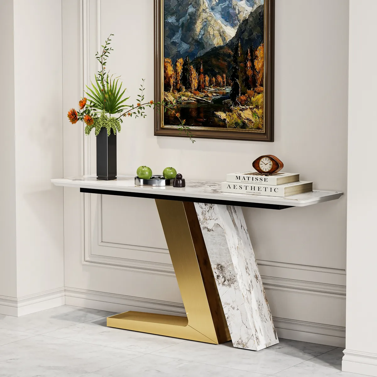 Silexa 60" Modern Console Table with White Sintered Stone Top
