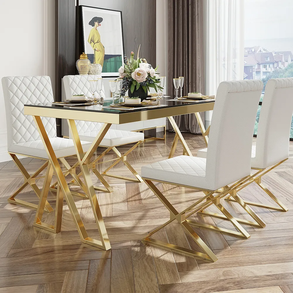 Set of 2 Modern Dining Chairs PU Leather Upholstered White Dining Room Chair with Gold Legs — image 2