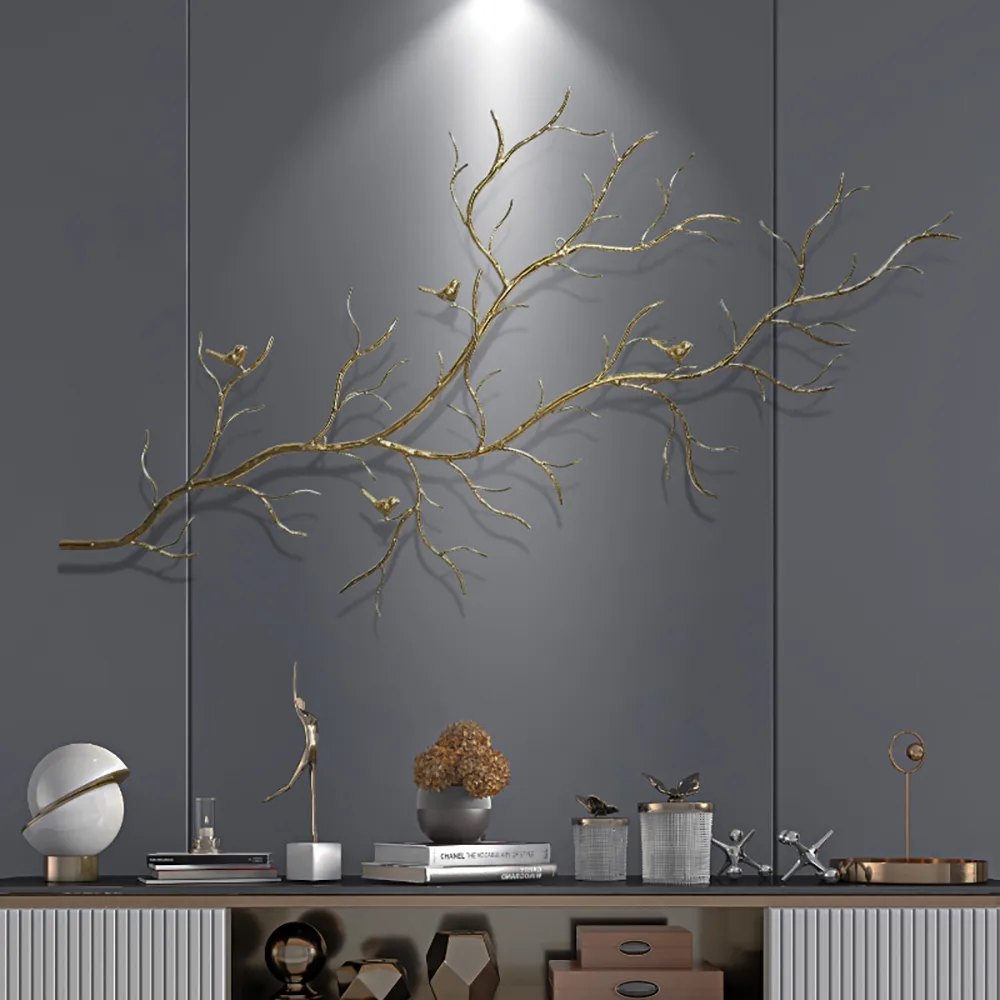 Luxury Creative Metal Branch & Birds Wall Decor Home Art in Gold in Living Room — image 3