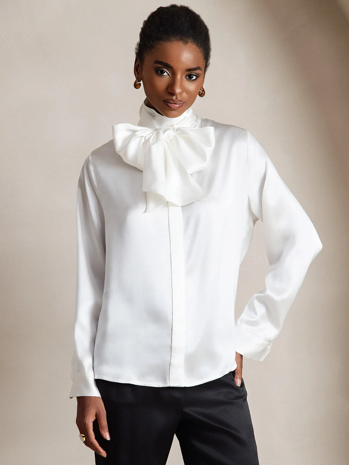 19Momme Silk Long Sleeve High Neck Bow Tie Blouse — image 3