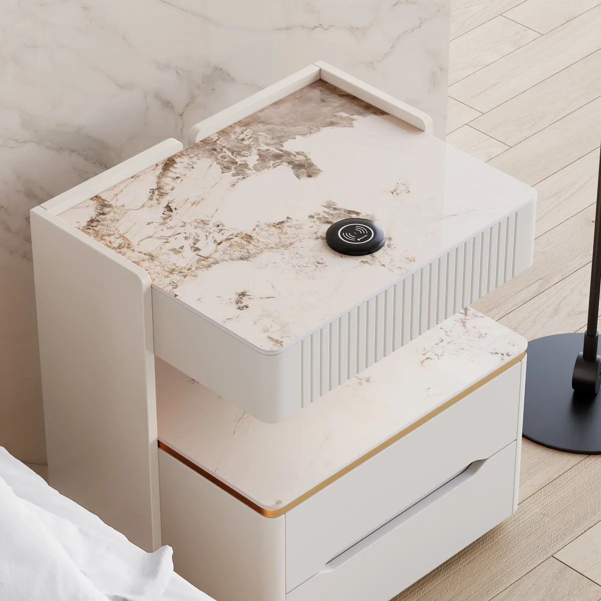 Modern Smart Nightstand with Wireless Charger & Sensor Light & Bluetooth Speakers Sintered Stone Bedisde Table — image 4