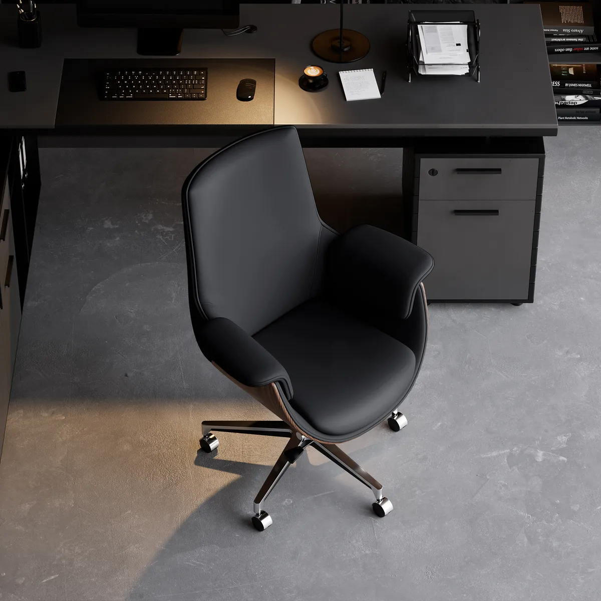 Black Leather Modern Home Office Chair Upholstered High Back Desk Chair Wood Grain Frame — image 5