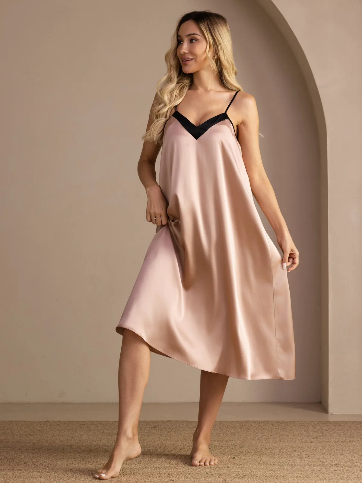 100% Mulberry Silk Contrast V-Neck Spaghetti Strap Midi Nightgown — image 3