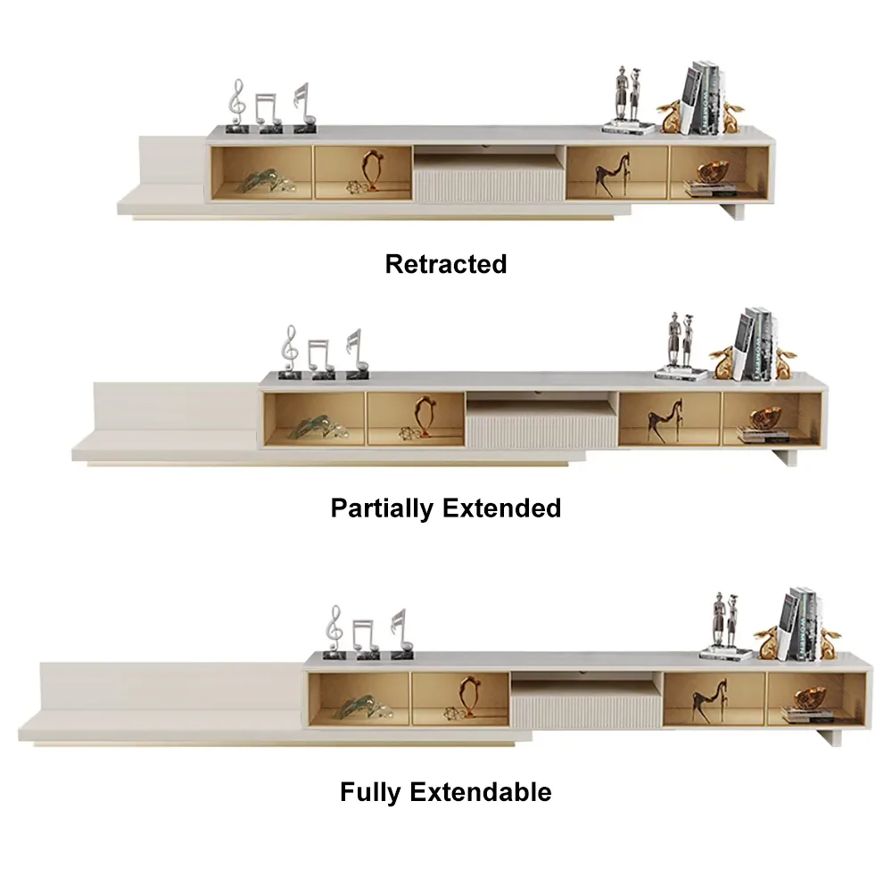 LED Light Extendable TV Stand Light Khaki Floor Media Console with Glass Door & Drawers — image 18