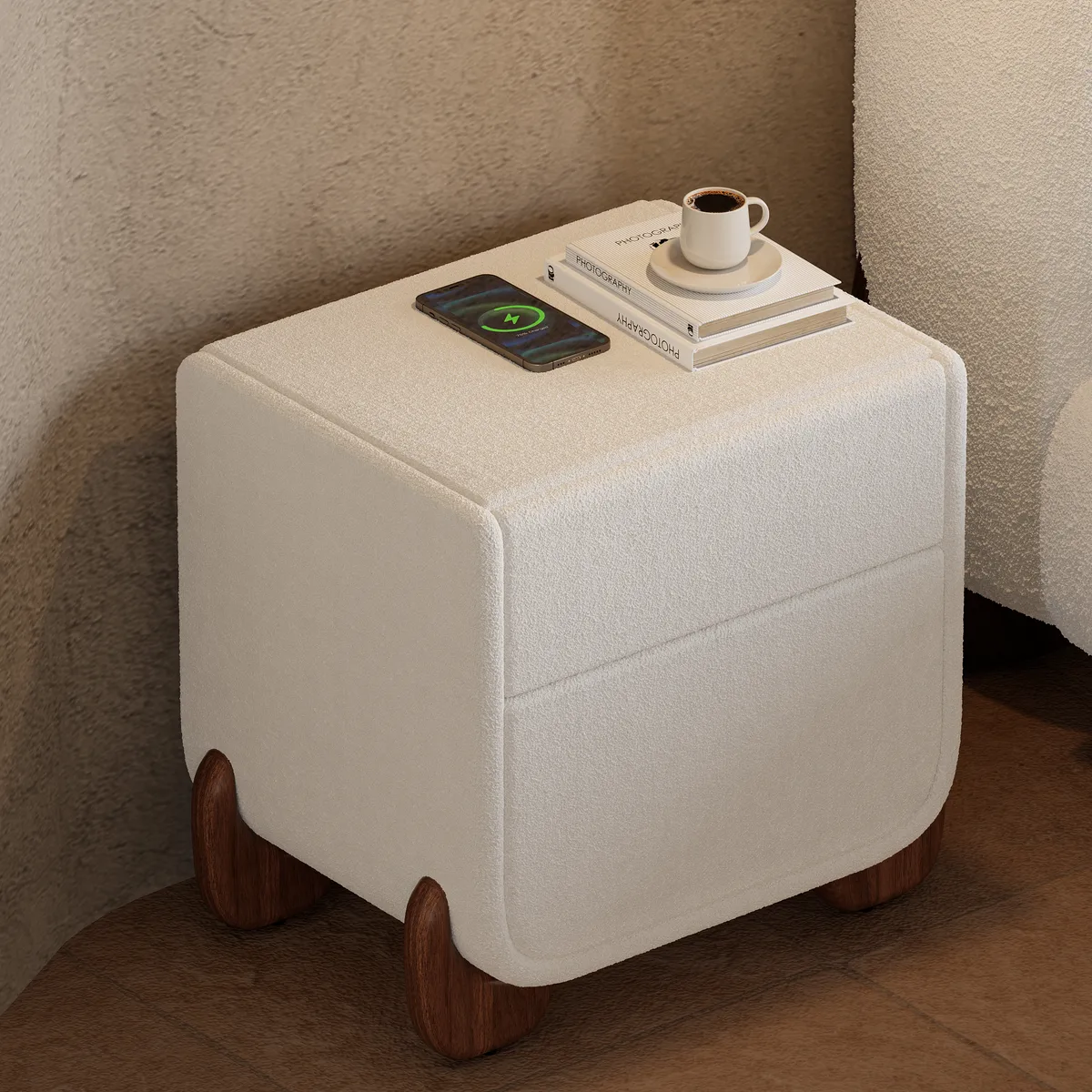 Curva Smart Boucle Nightstand with Wood Legs 2-Drawer Bedside Table — image 2