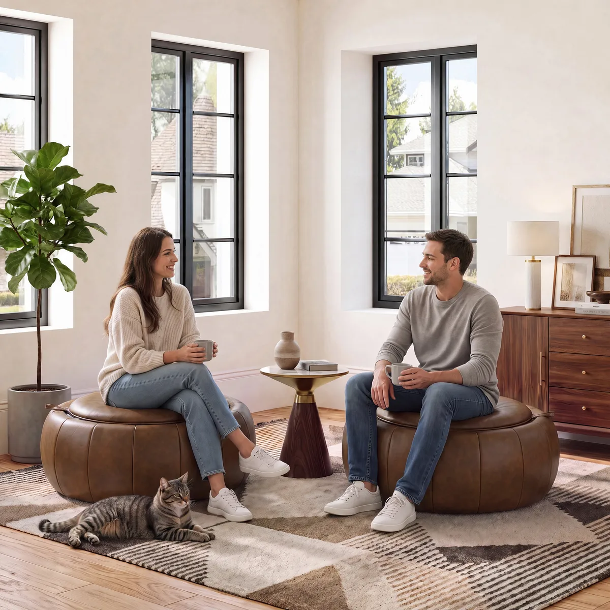 Modern 39" Round Performance Leather Ottoman Coffee Table with Hidden Storage — image 23