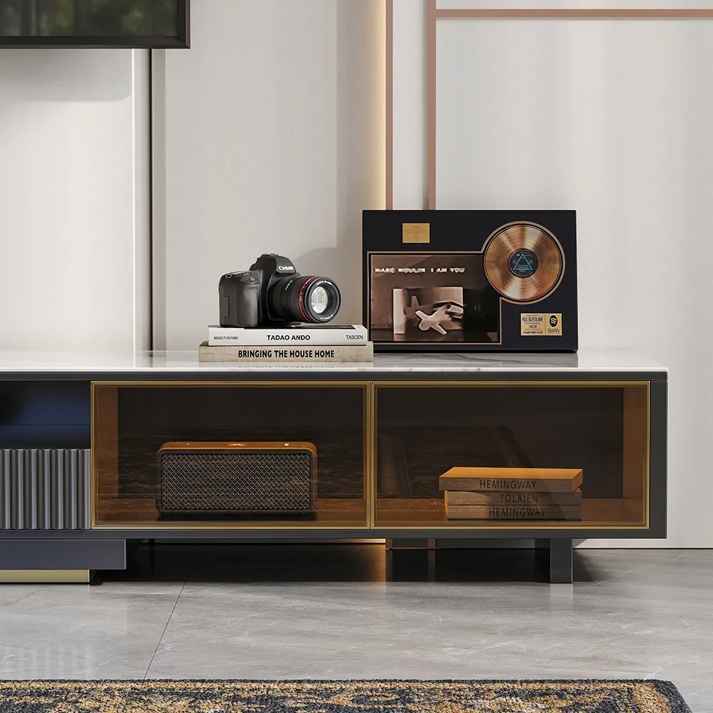 LED Light Extendable TV Stand Light Khaki Floor Media Console with Glass Door & Drawers — image 5