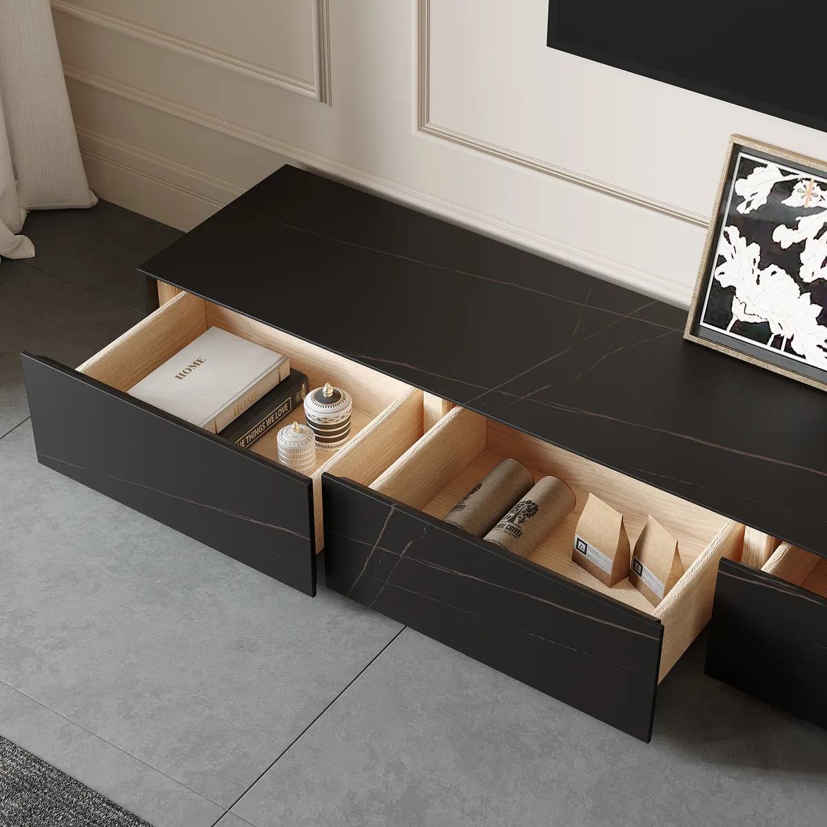 87" Black TV Stand Faux Marble with Storage for TVs Up — image 10