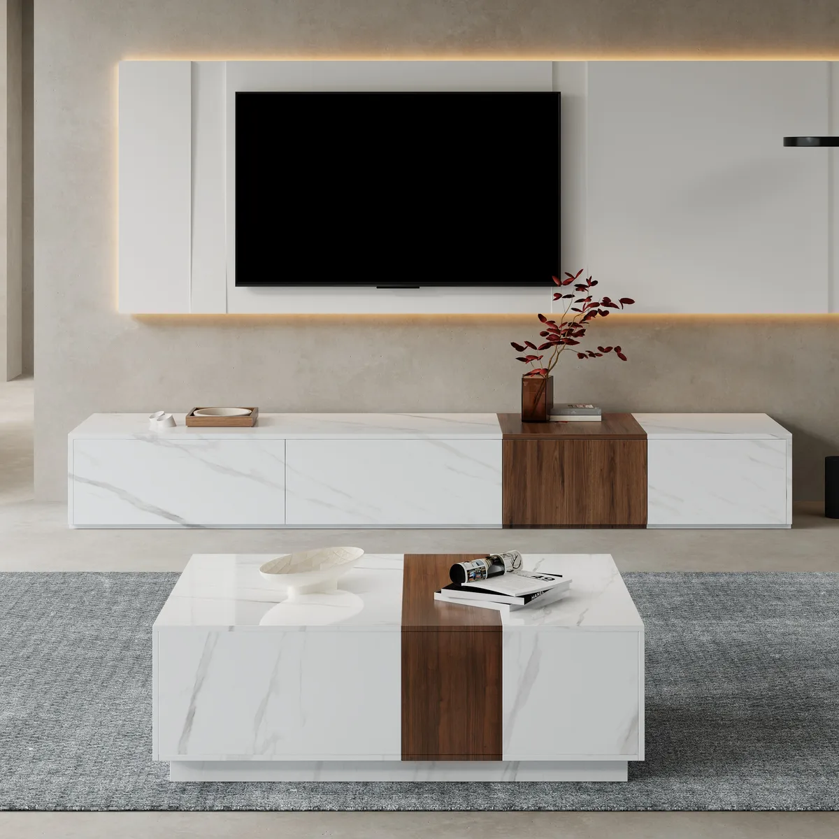 Vewal Wood Block Coffee Table Marble & Walnut Veneer in White with 2 Drawers — image 5