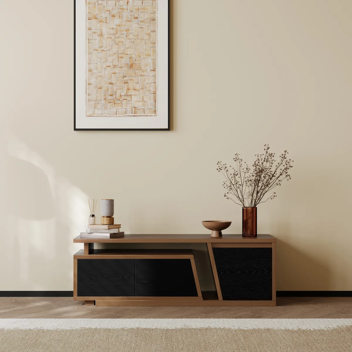 Fero Minimalist Rectangle Gray Extendable TV Stand with 3 Drawers Up — image 9