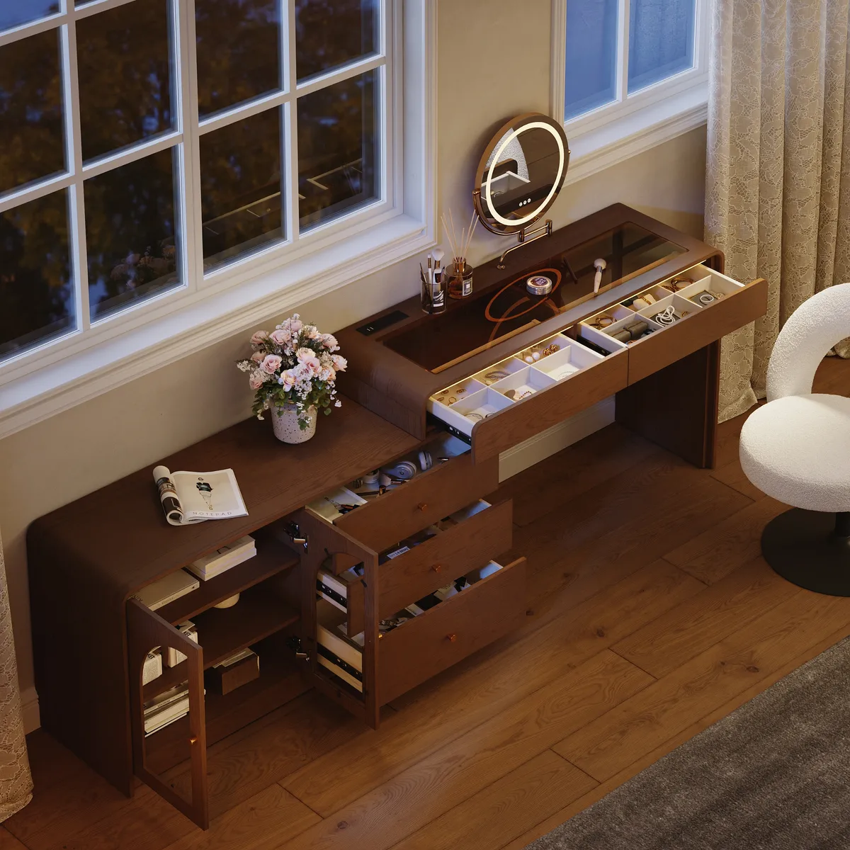 Mid Century Modern Extendable L-Shaped Makeup Vanity Dresser with LED Mirror(49"–91") — image 5