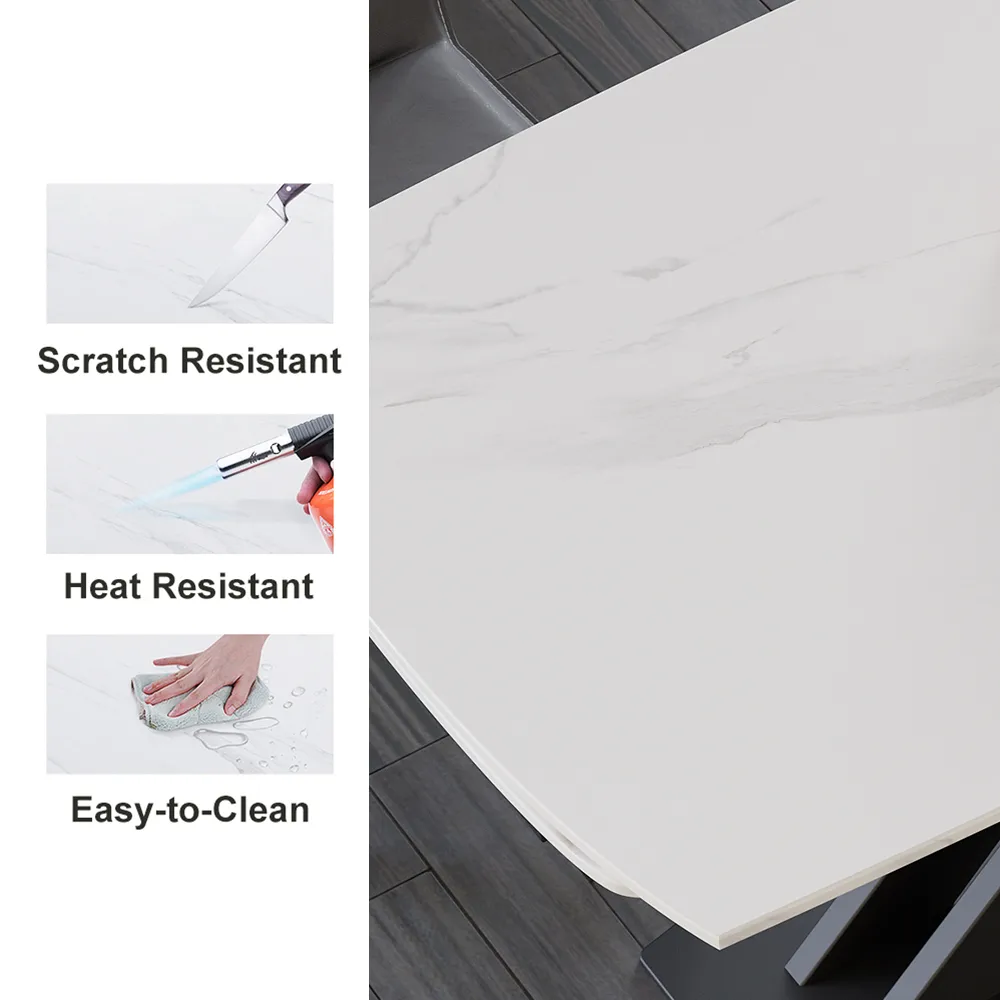 71" Extendable Dining Table Faux Marble Top with Leaf X-Base for 6 Person Modern White Expandable Table — image 7