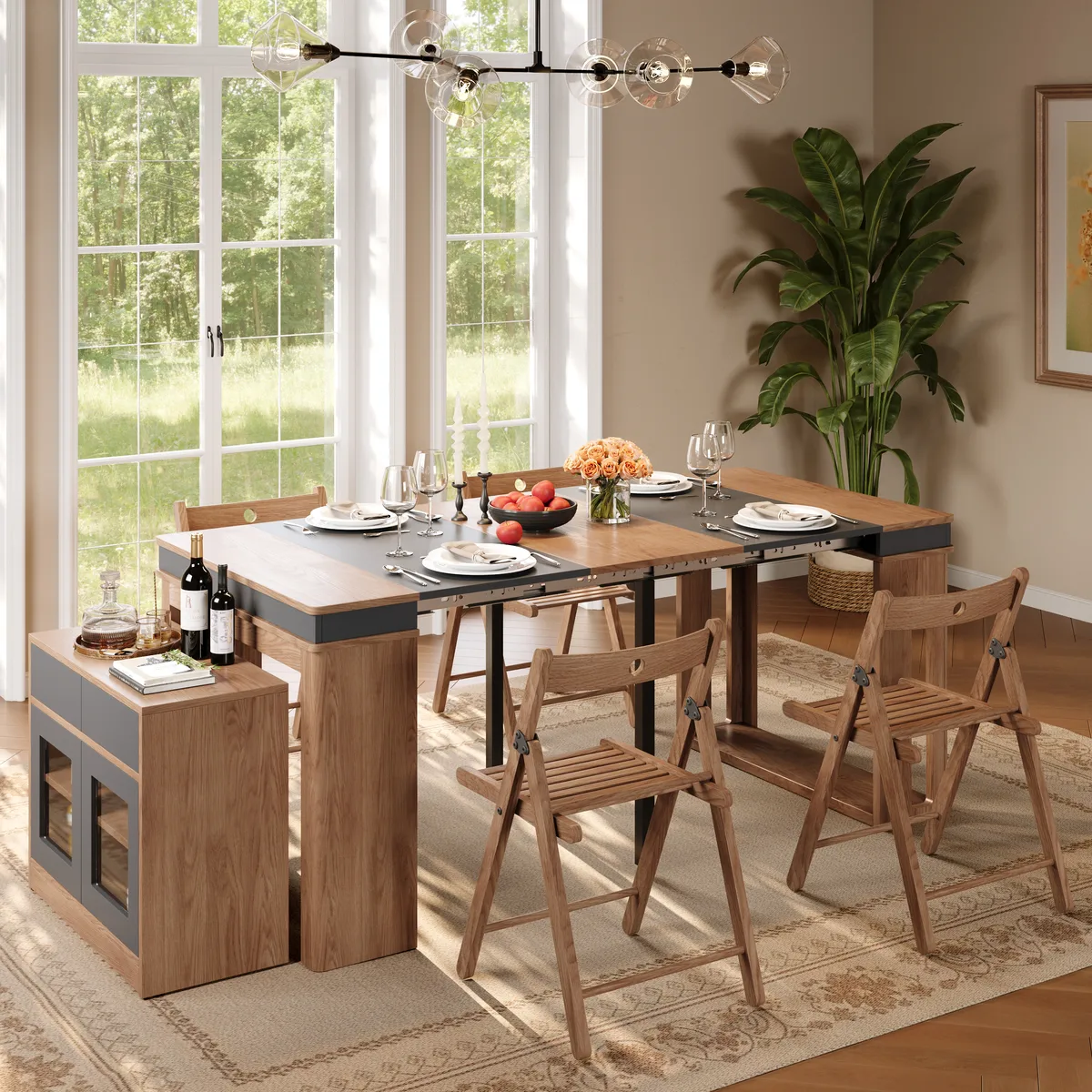 70.9" Rectangle Extendable Dining Table with Storage Sideboard for 4 Farmhouse Walnut & Gray Expandable Table — image 3