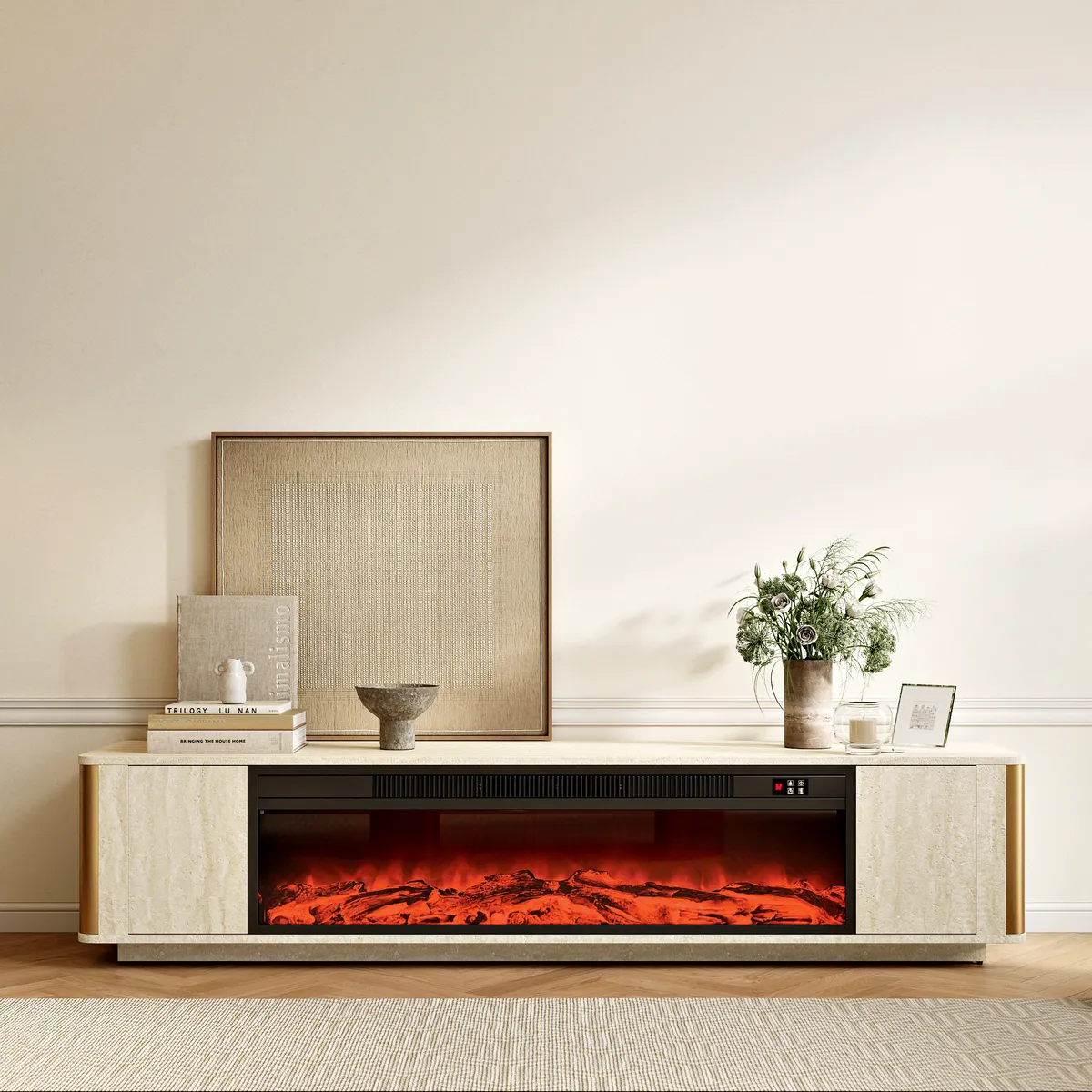 79" Travertine Veneer Electric Fireplace TV Stand with Storage in Oatmeal For living Room — image 2