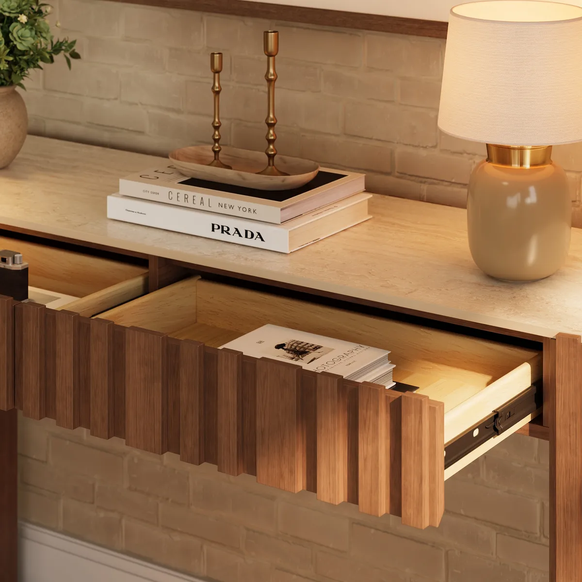 Aura 60" Ash Wood Fluted Black Console Table With Sintered Stone Top — image 25
