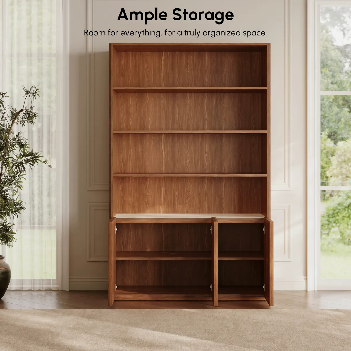 Aura 47” Ash Wood Fluted Walnut Bookcase With Sintered Stone Top — image 6