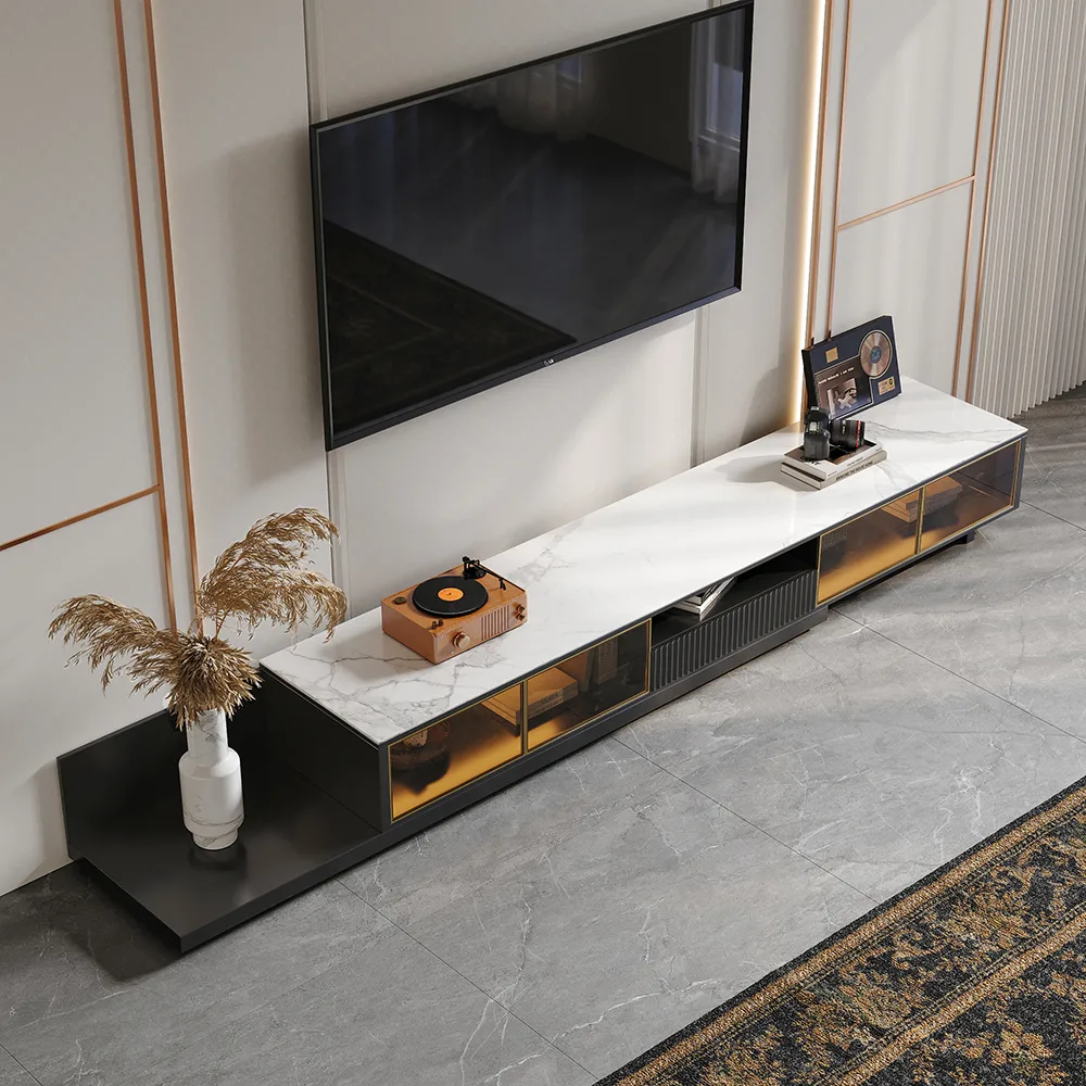 LED Light Extendable TV Stand Light Khaki Floor Media Console with Glass Door & Drawers — image 7