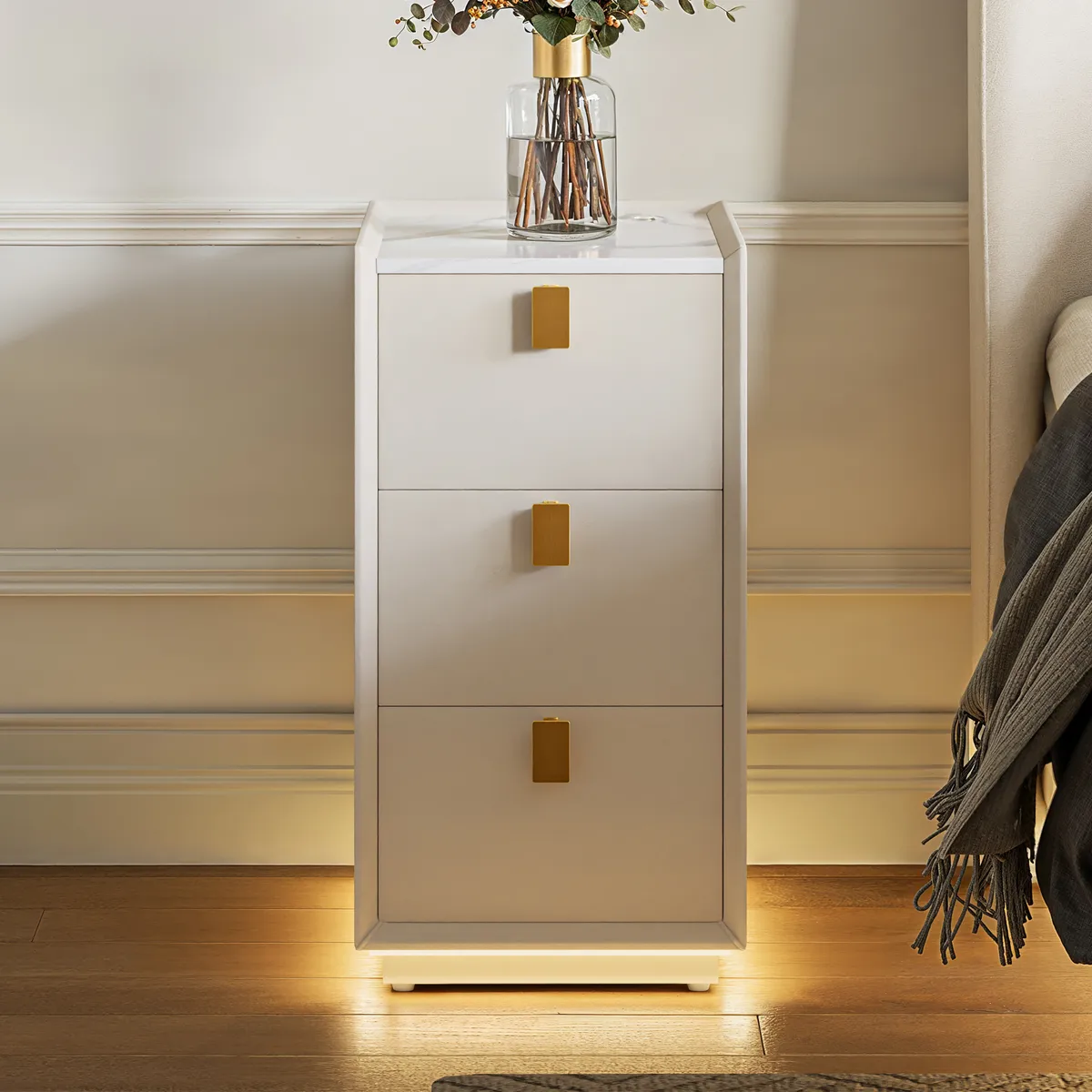 3-Drawer Narrow Bedside Table Faux Leather with Built-in Charging Station | Adjustable Lighting |Sintered Stone Top — image 3