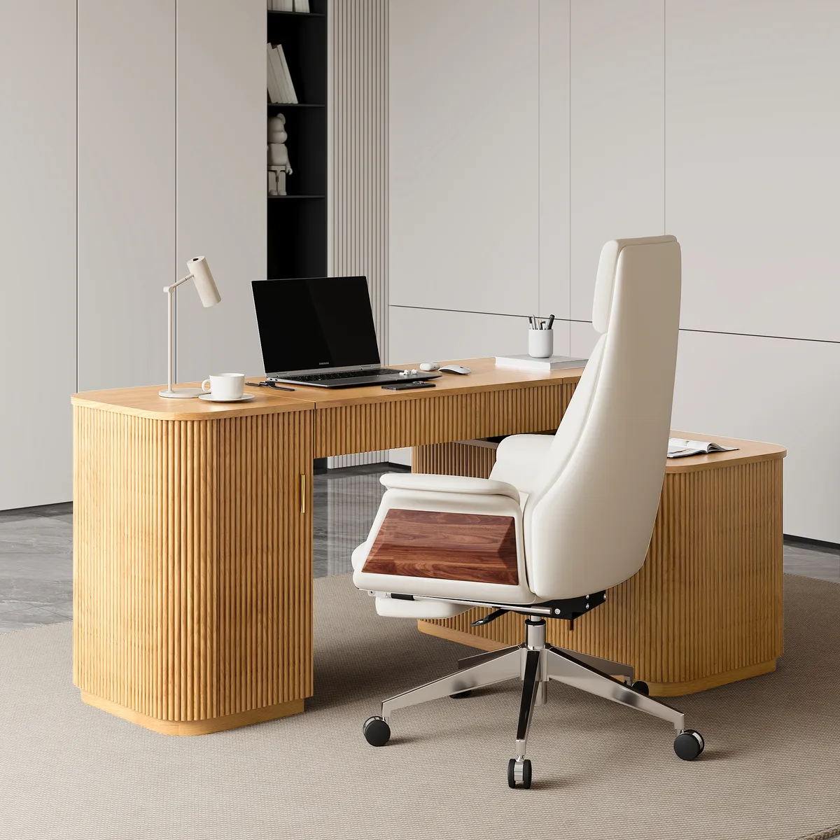 Modern 65" L-Shape Natural Executive Desk with Right-Side Cabinet — image 13