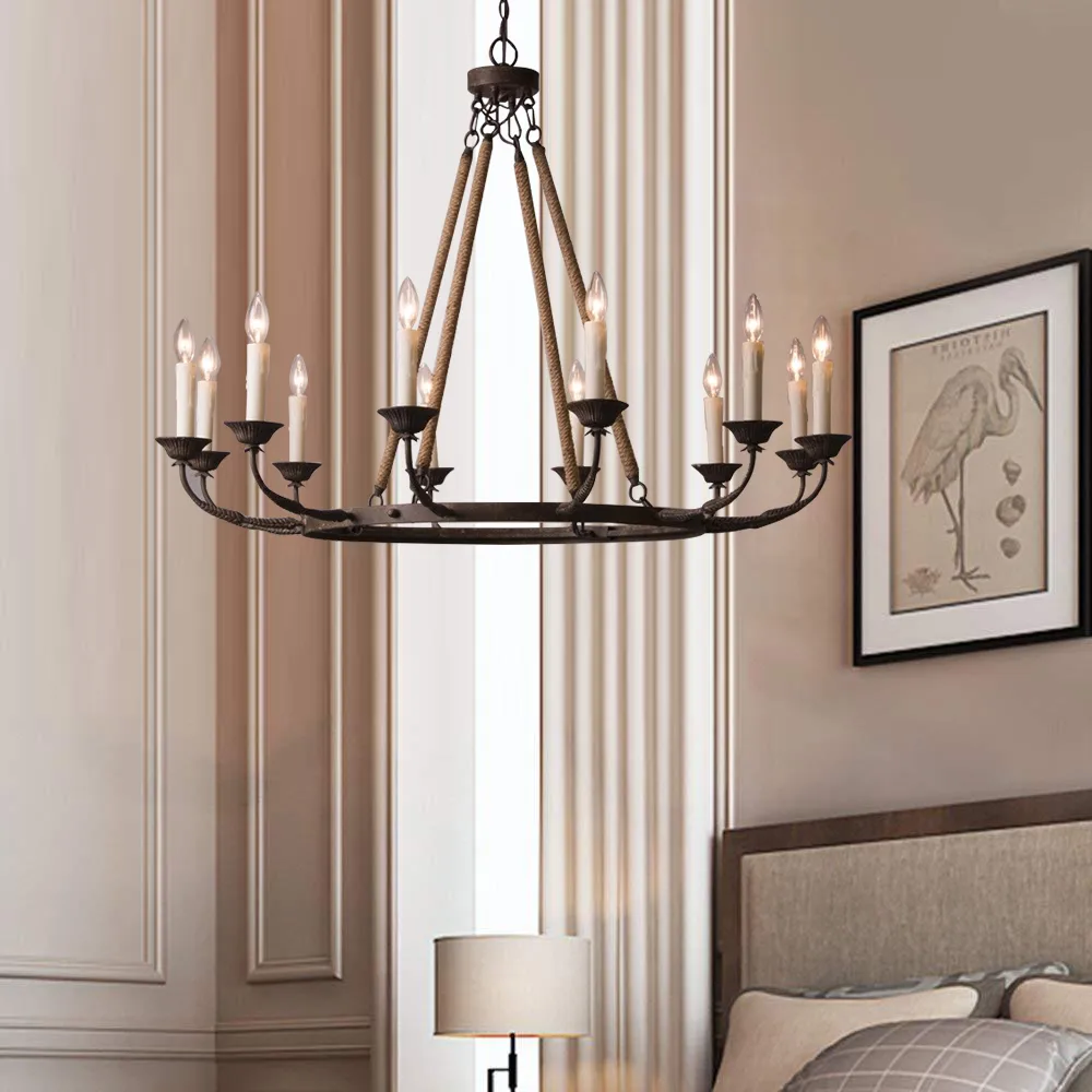 Bever Vintage 12-Light Candelabra Wagon Wheel Chandelier with Flaxen Hemp Rope — image 3