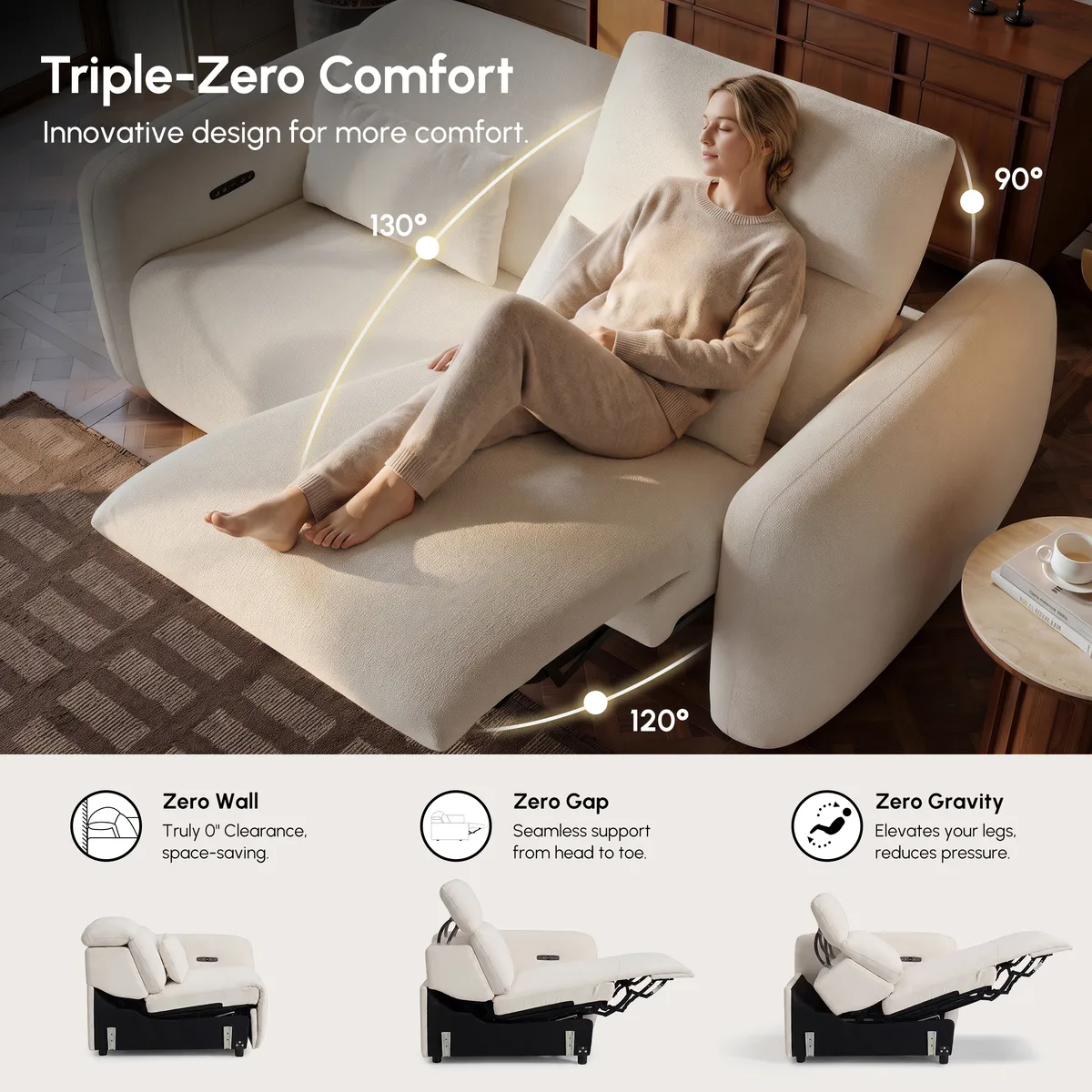Homary Modern 123" 3-Seater Chenille Zero Gravity Power Reclining Sofa with USB Port in Warm — image 7