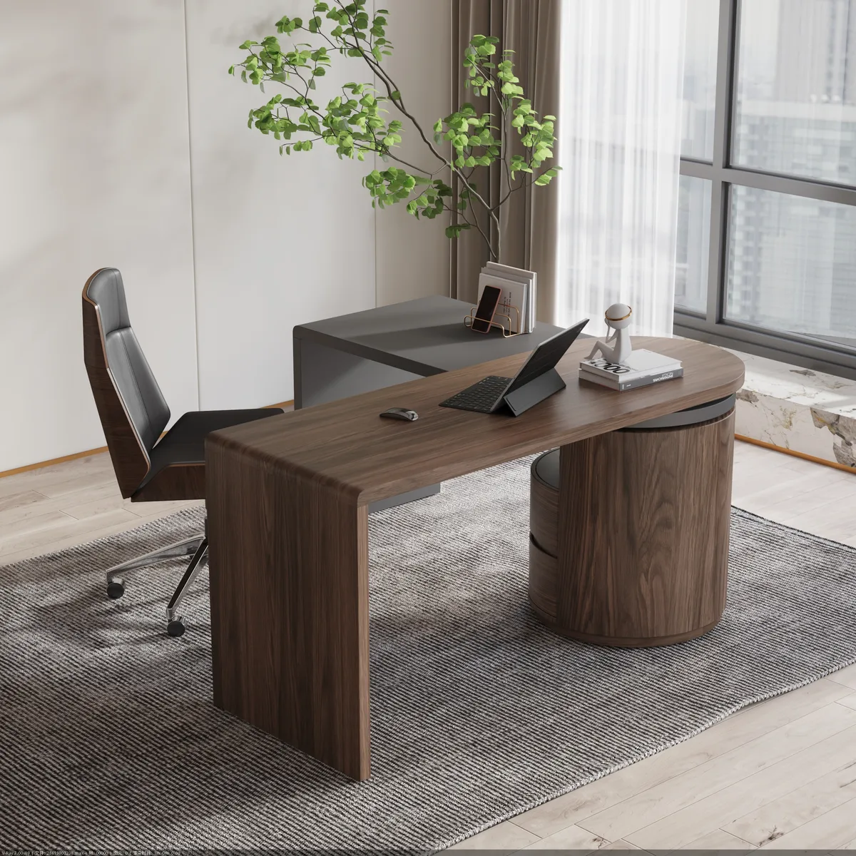 Modern 60" L-Shaped Walnut Office Desk with Drawers, Rotating Design — image 23
