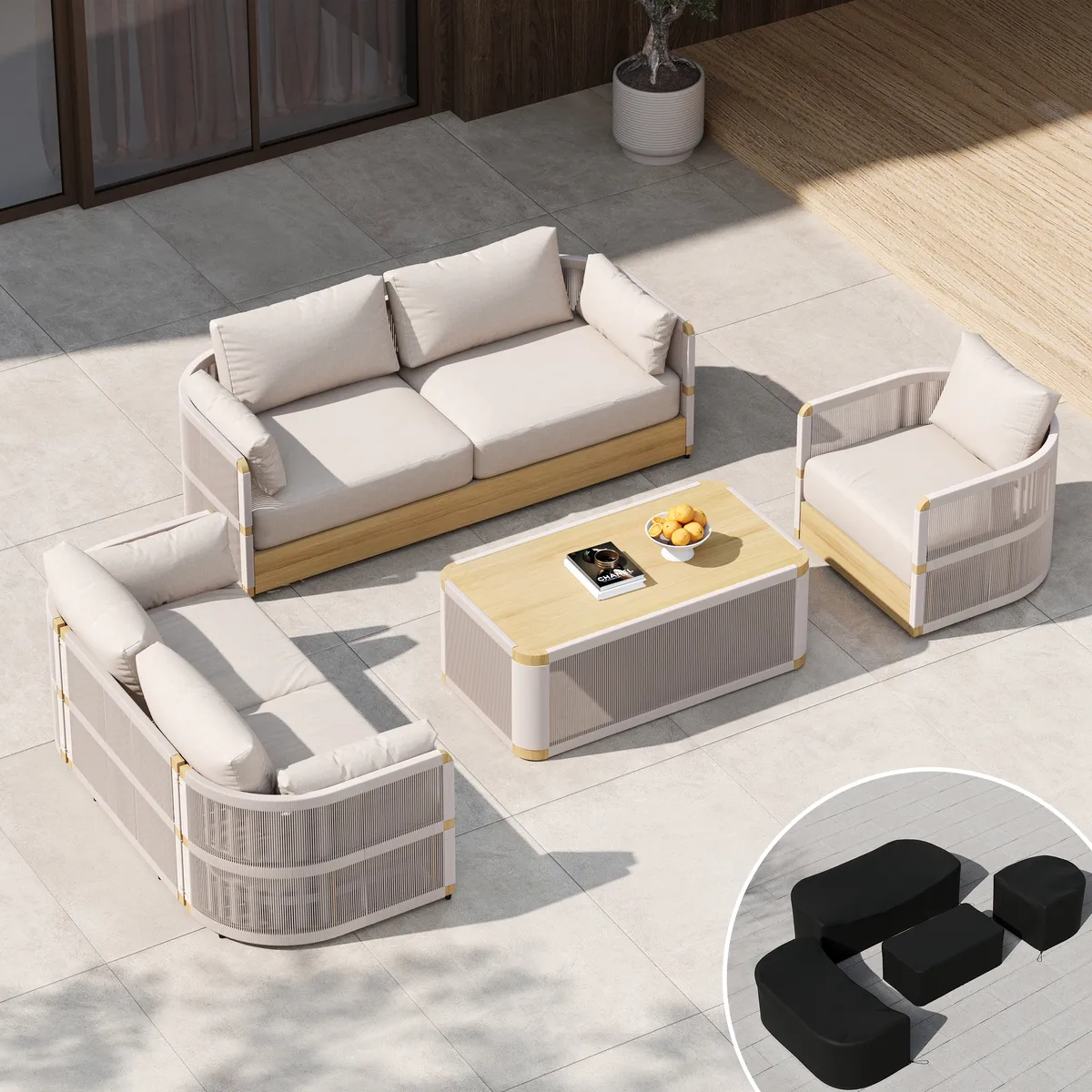 Costra Modern Aluminum & Rope Outdoor Swivel Sofa Set with Coffee Table & Cover — image 27