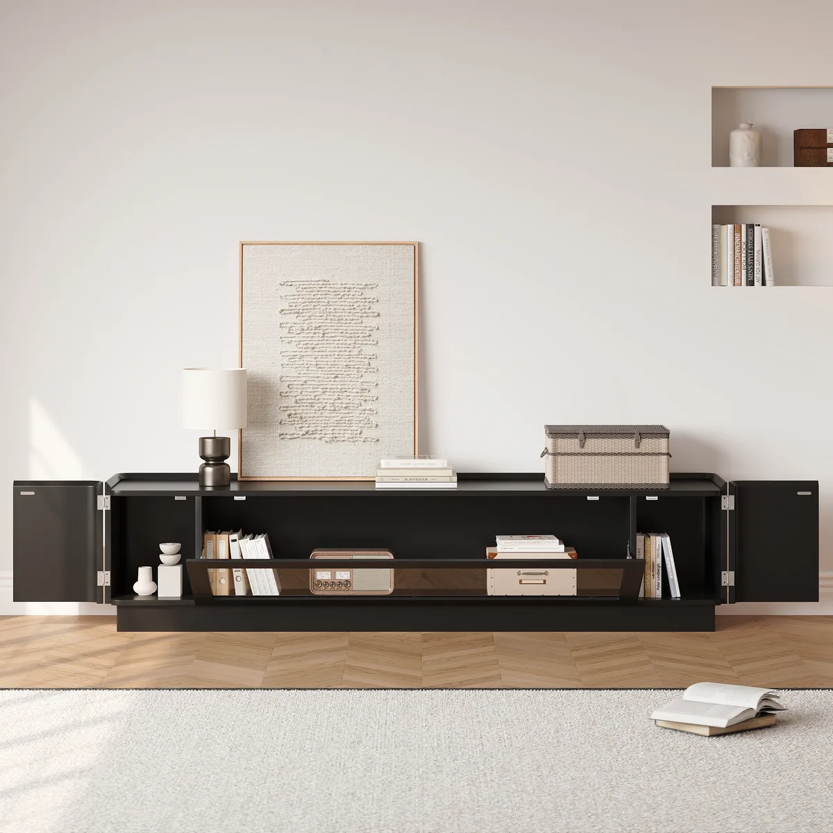 79'' Glass Door TV Stand Mid Century Modern Wood Media Console with Storage & LED — image 9