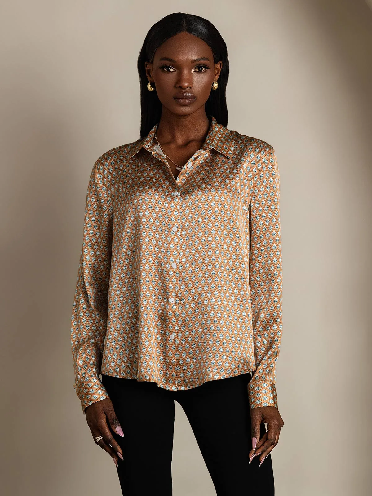 19Momme Silk Geometric Print Long Sleeve Lapel Collar Women's Shirt — image 5