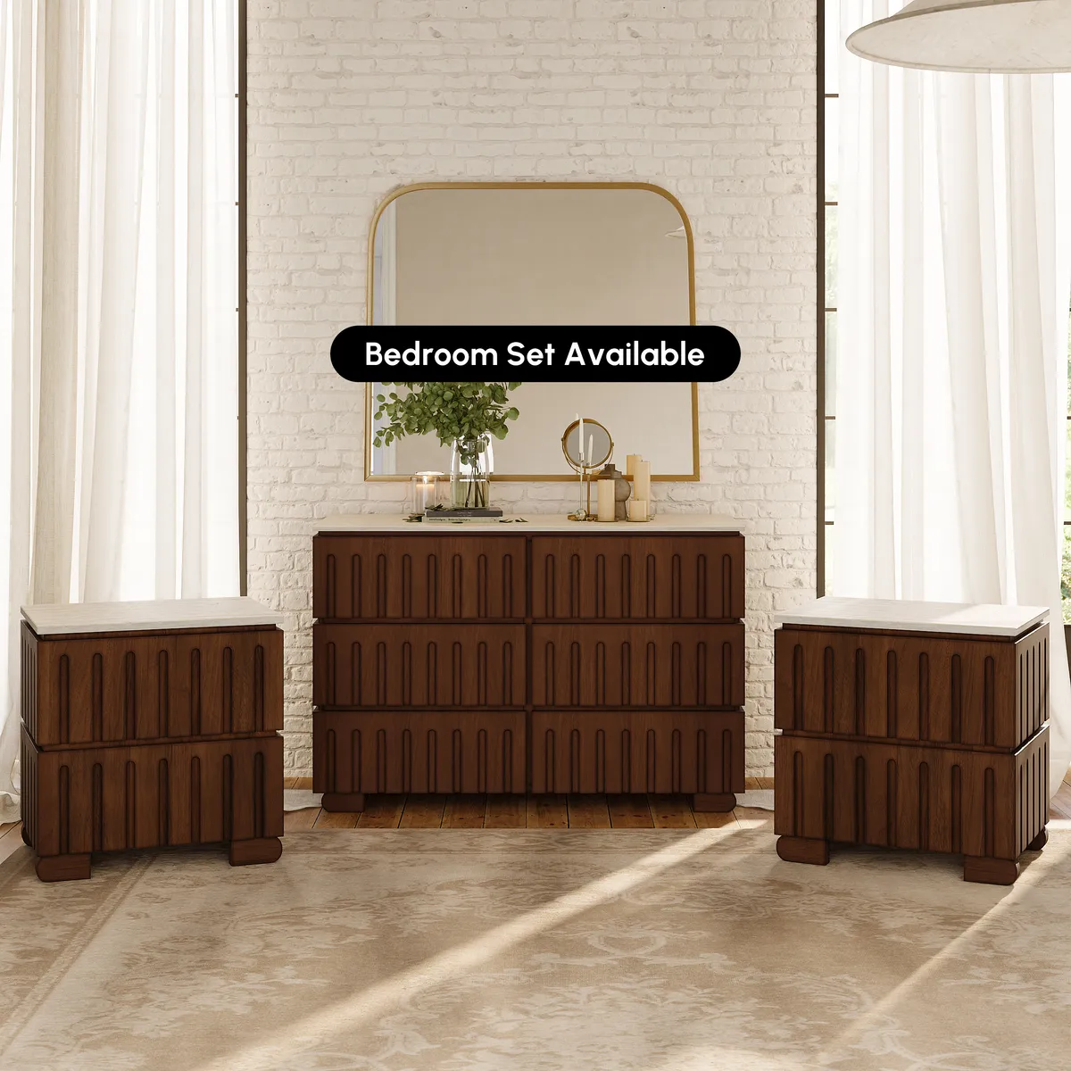 Florva Modern 47” Ash Wood 6 Drawer Dresser with Faux Travertine Sintered Stone Top — image 9