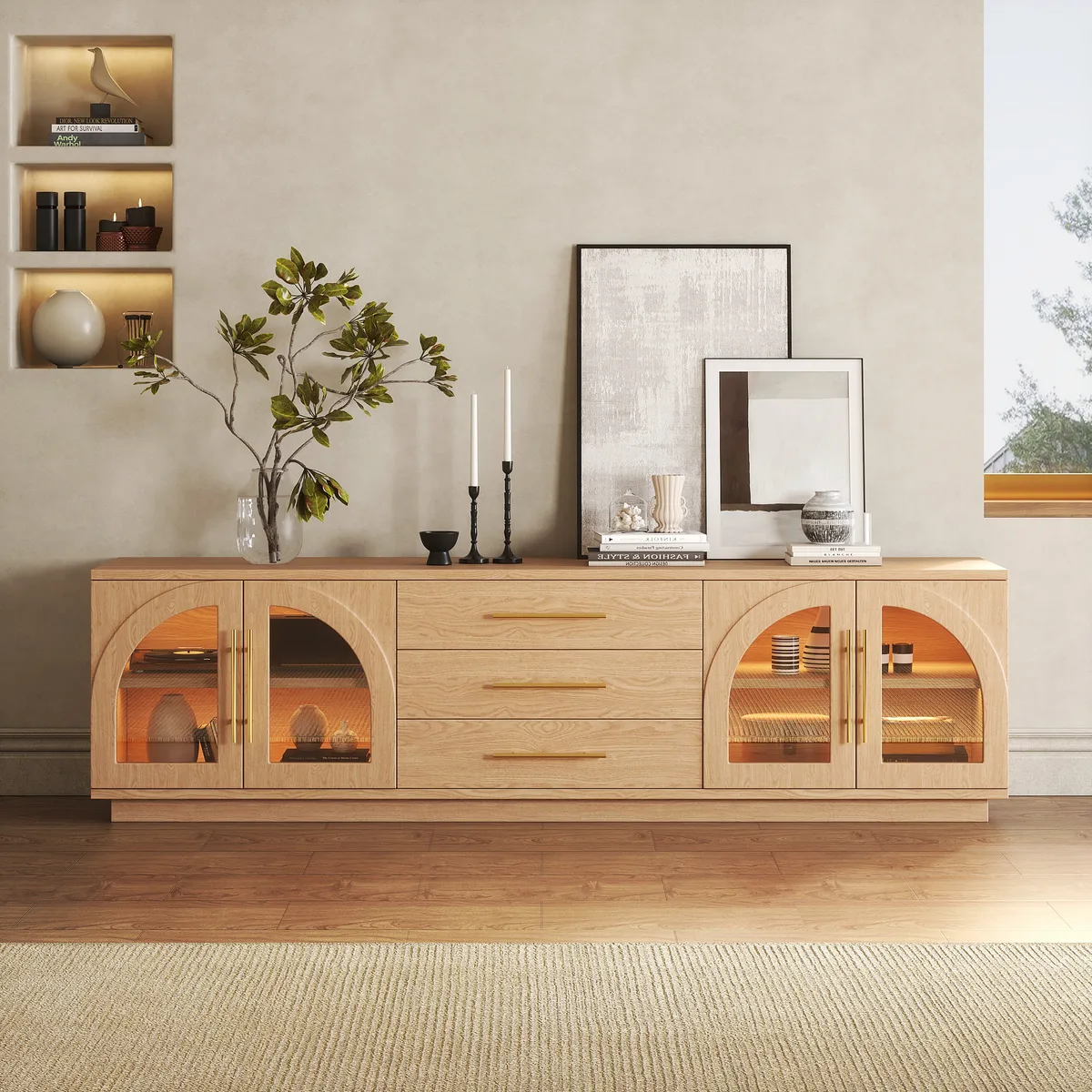 Arune 72" Japandi Whitewash TV Stand Coffee Table Set with LED Lights and Arched Glass Cabinet Doors — image 24
