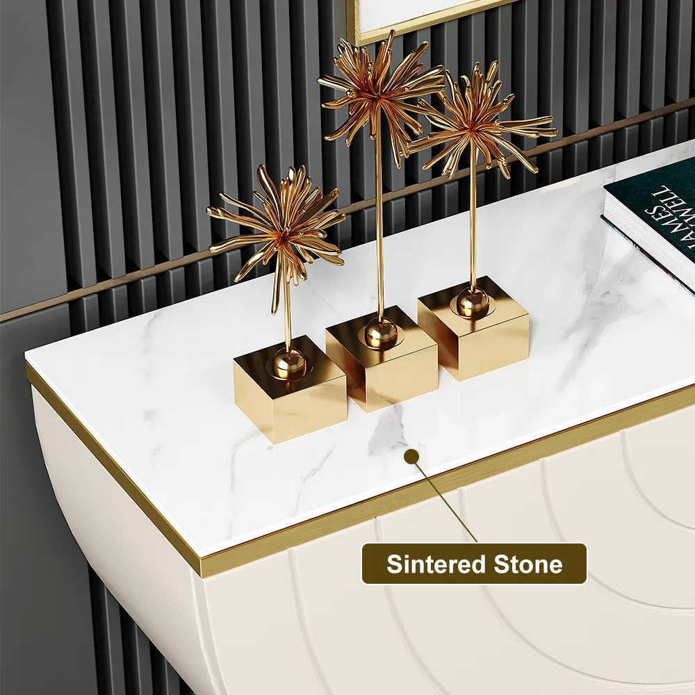 Modern Gold Console Table Sintered Stone Top Entryway Storage Cabinet with Doors — image 7