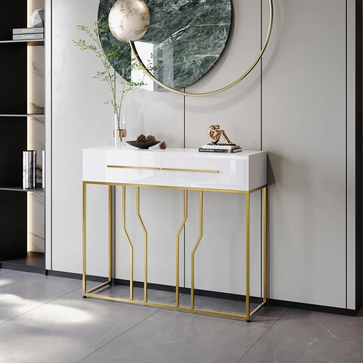 32" Modern Narrow White Console Table with Storage Wood Entryway Table with Drawers — image 8