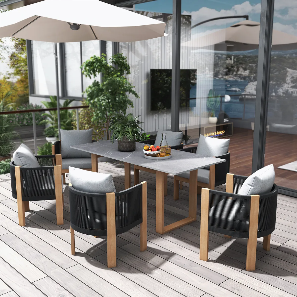 7 PCS 70.9" Faux Marble Outdoor Dining Table Set with Woven Rope Chairs in Gray for 6 Person Patio & Yard Large Marble Outdoor Dining Table with Chair — image 2