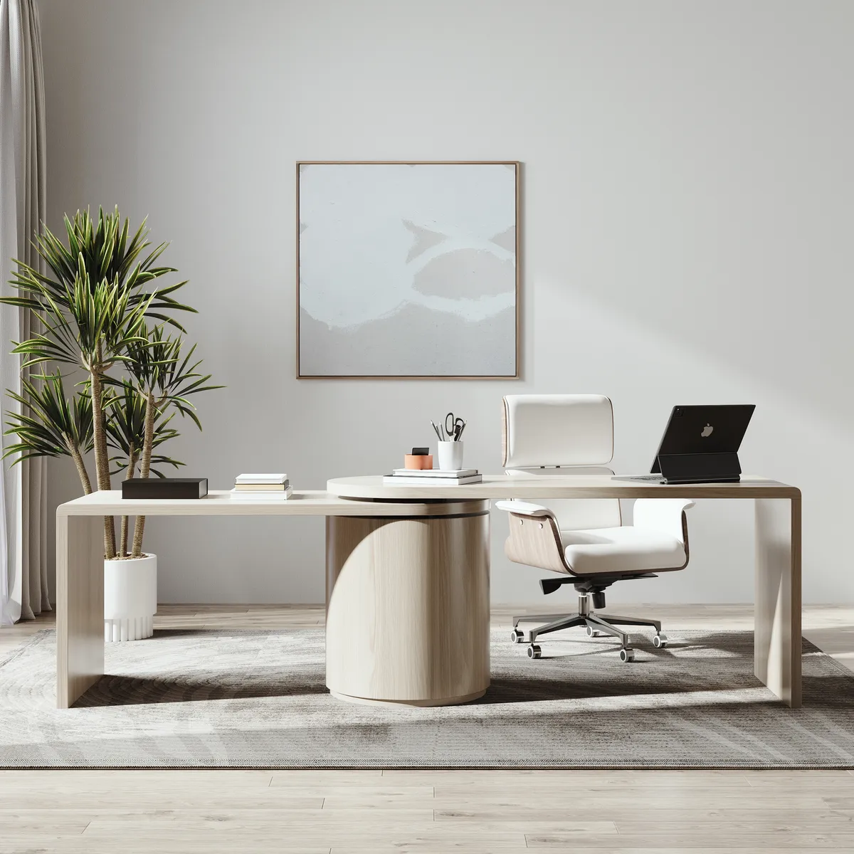 Modern Wash White L Shaped Desk & Off White Home Office Chair Set Upholstered Swivel — image 23