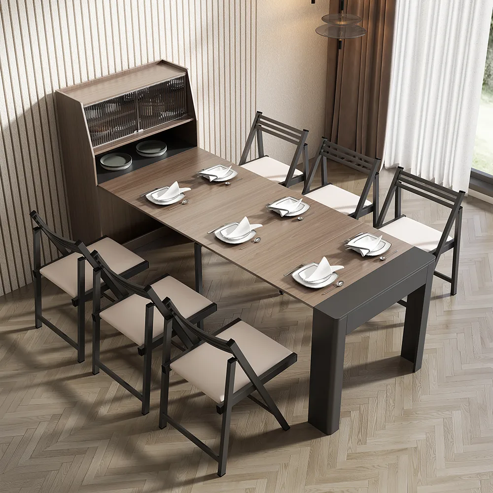 70.9" Extendable Dining Table Rectangle with Sideboard Storage for 6 Farmhouse Walnut &