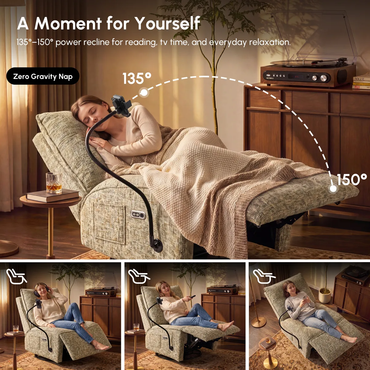 Performance Linen Power Swivel Rocker Recliner Accent Chair with Phone Holder — image 18