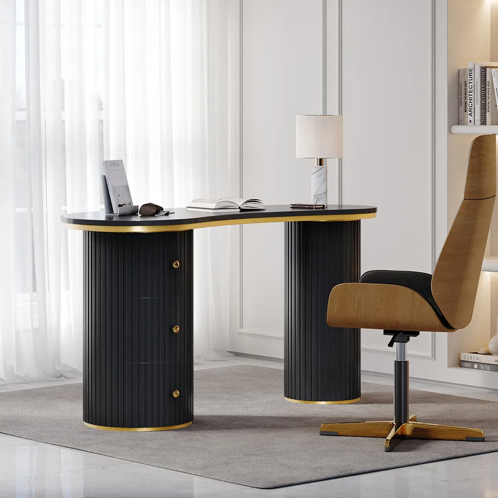 55.1" Modern Black Curved Desk 3-Drawer Wooden Home Office Desk Double Pedestal — image 4