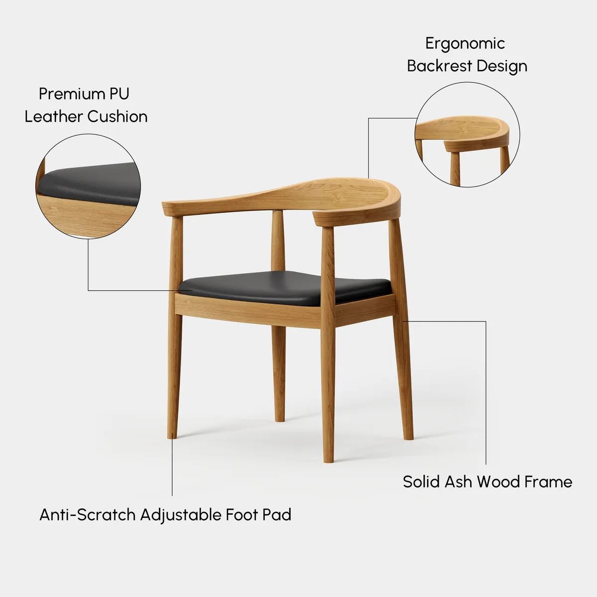 Modern Curved Back 4-Piece Dining Chair Upholstered Leather Walnut Wooden Armchair — image 8