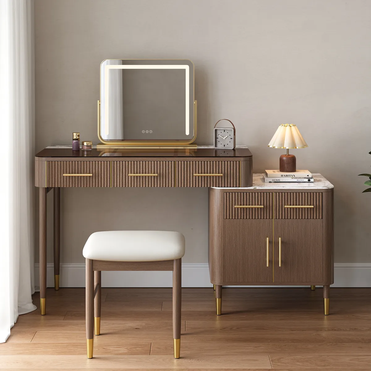 White Makeup Vanity Set with Lighted Mirror & Stool Mid Century Modern Dressing Table with Glass Top — image 3