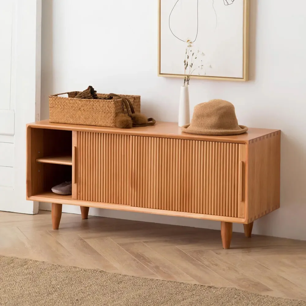 47.2" Solid Rubberwood Natural Entryway Bench with Storage