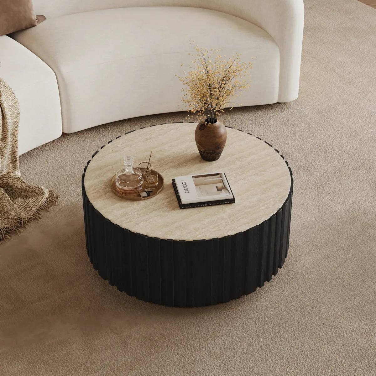 Aura 35" Ash Wood Slatted Round Coffee Table with Sintered Stone Top — image 3
