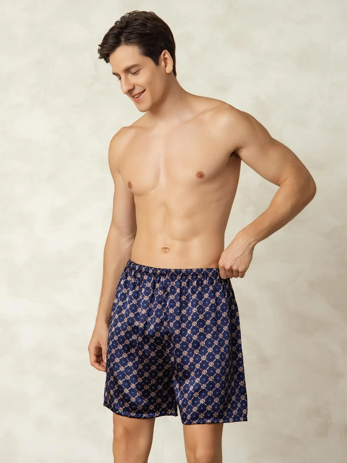 100% Mulberry Silk Navy Chain Print Elastic Waist Men's Sleep Shorts — image 5