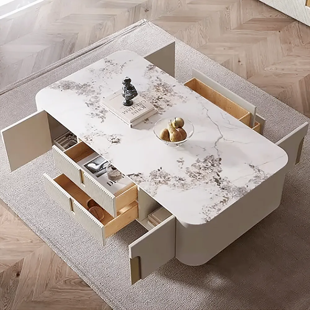 Artis Modern Beige Rectangle Large Coffee Table Drawers Sintered Stone Gold Base — image 7