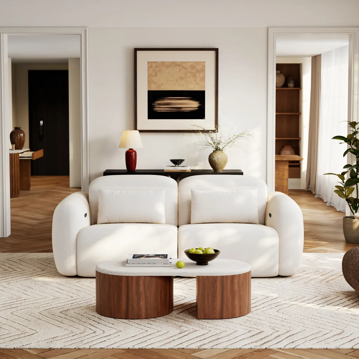 47"-60" Extendable Walnut Coffee Table with Travertine Veneer Top — image 4