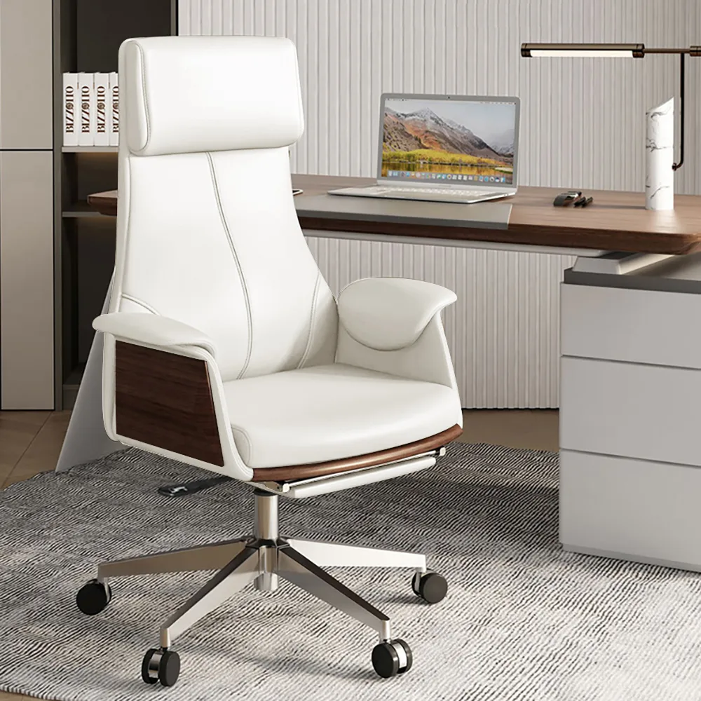 55" Modern White Computer Desk & Leather Office Desk Chair Set High Back Adjustable — image 8