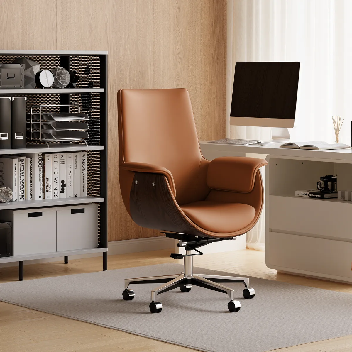 Black Leather Modern Home Office Chair Upholstered High Back Desk Chair Wood Grain Frame — image 17