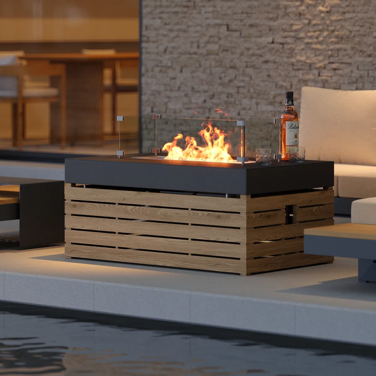 Aluminum Wood Outdoor Sectional Sofa & Propane Gas Fire Pit Table With Glass Wind Guard — image 8