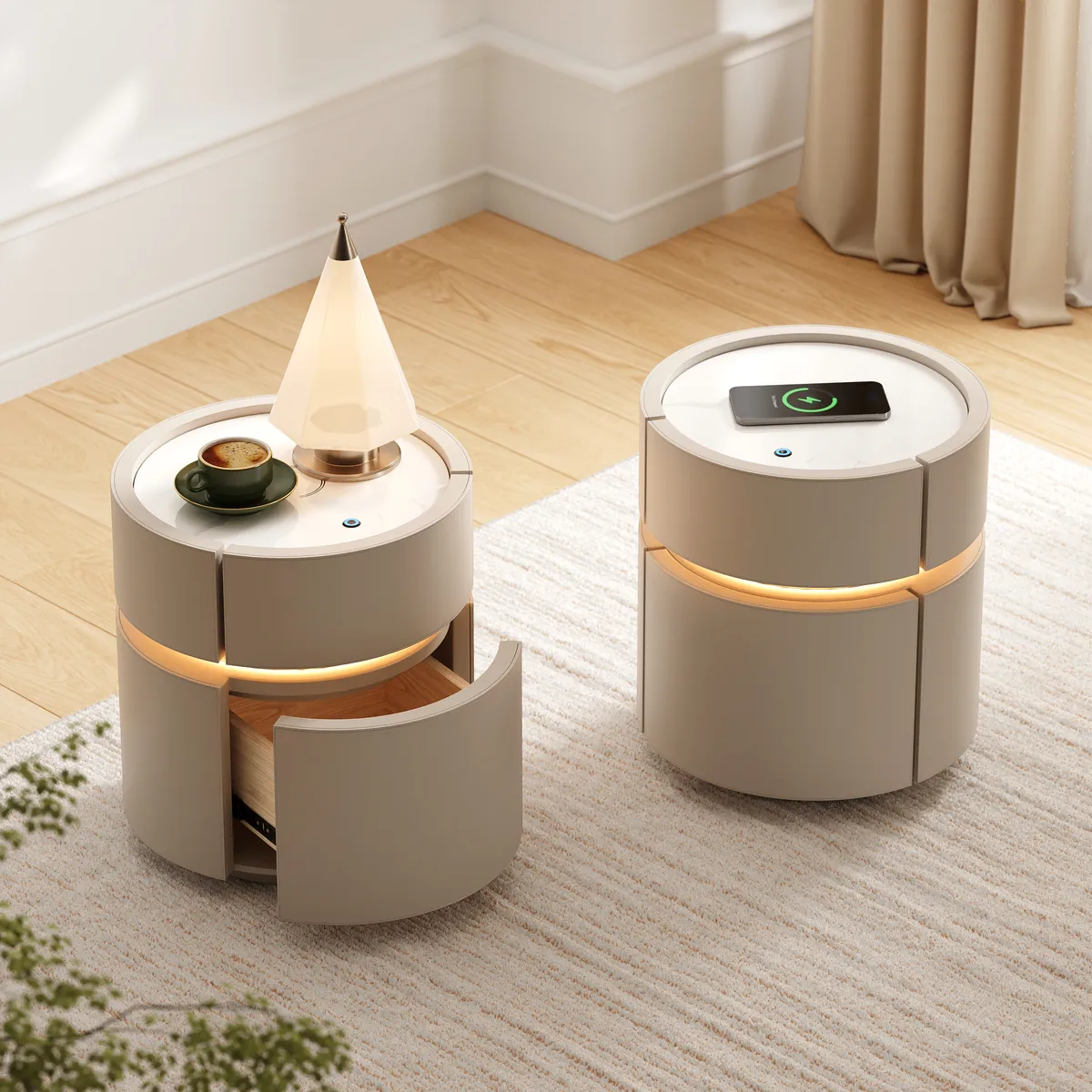 Round Saddle Leather Nightstand with Wireless Charging Bedside Table — image 10